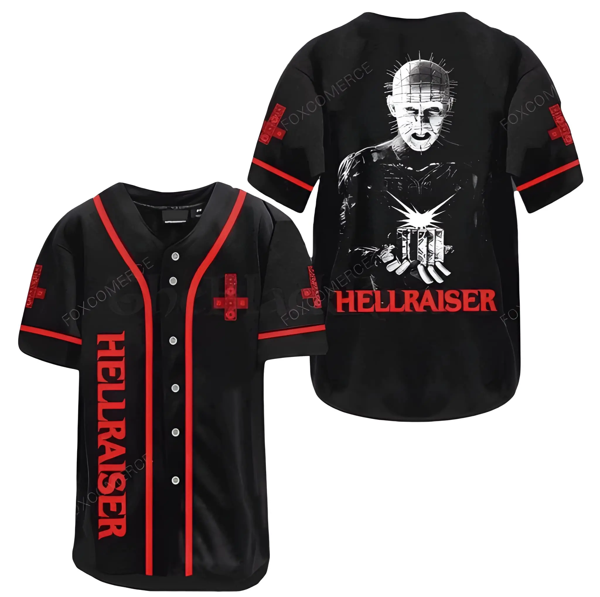 Pinhead Hellraiser Baseball Jersey | Red Cross Puzzle Box Shirts | Button Down Baseball Jersey | Cult Horror Fan Gift