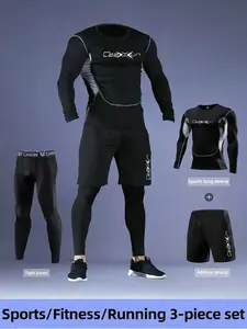 Men's 3-Piece Athletic Bodycon Set, Fashion Print, Compression Mesh Top, Sporty Round Neck, Tight Pants, Drawstring Shorts, Running, Gym, Cycling, Hiking, Athletic Sportswear, Athletic Fashion Activewear