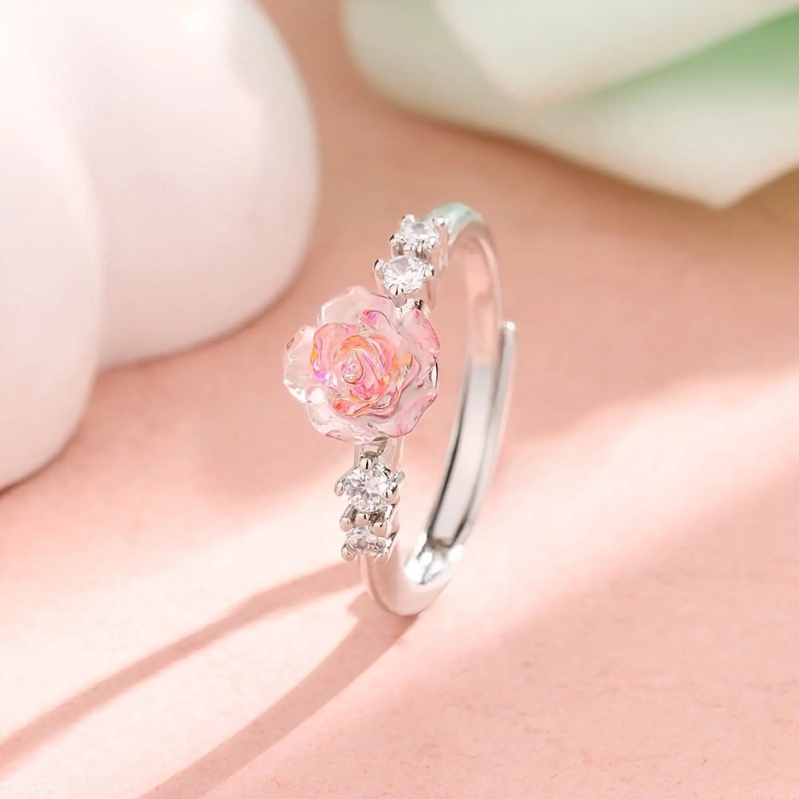 Women's Blush Pink Floral-Theme Rose-Shaped Plastic Ring - Adjustable Size Elegant Costume Jewelry, Romantic Look Daily Wear, Valentine's Day Gifts, Gift-Ready