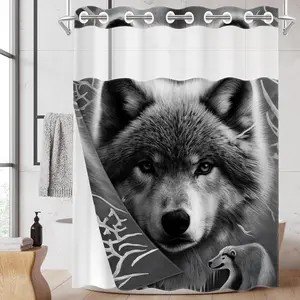 1pc hookless shower curtain with snap fastener, black and white wolf pattern 2D Flat Printing, fabric waterproof inner lining shower curtain with transparent window double-layer curtain, 71 x 74 inches, modern home curtain decoration, Room Decor