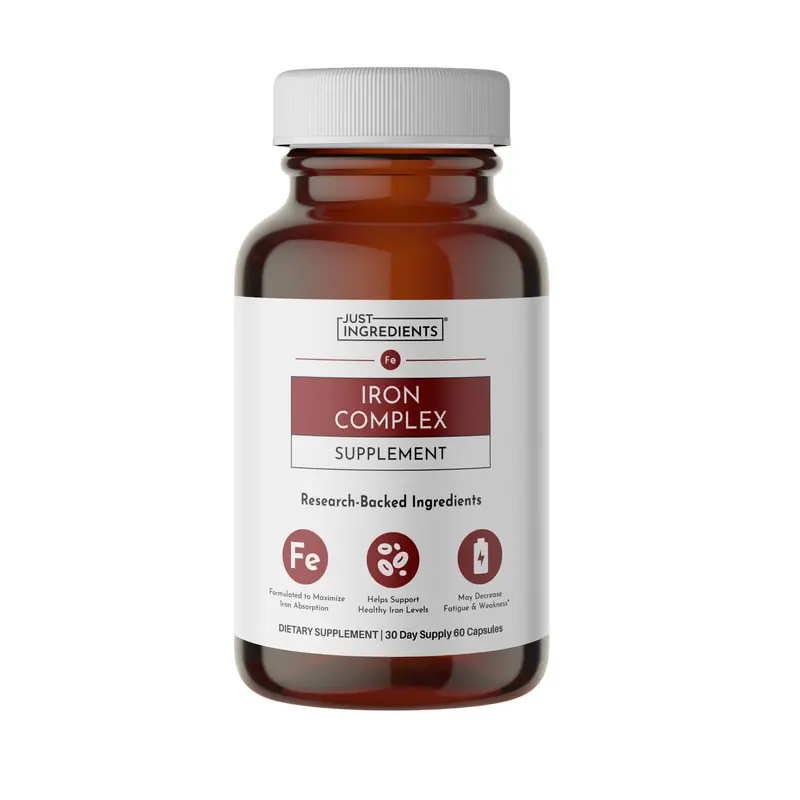 Just Ingredients Iron Complex Supplement - 30 Day Supply - Supports Healthy Iron Levels, Hemoglobin Function & Everyday Energy* - Chelated Iron Bisglycinate, Vitamin C, Amino Acids & Probiotics - 60 Capsules