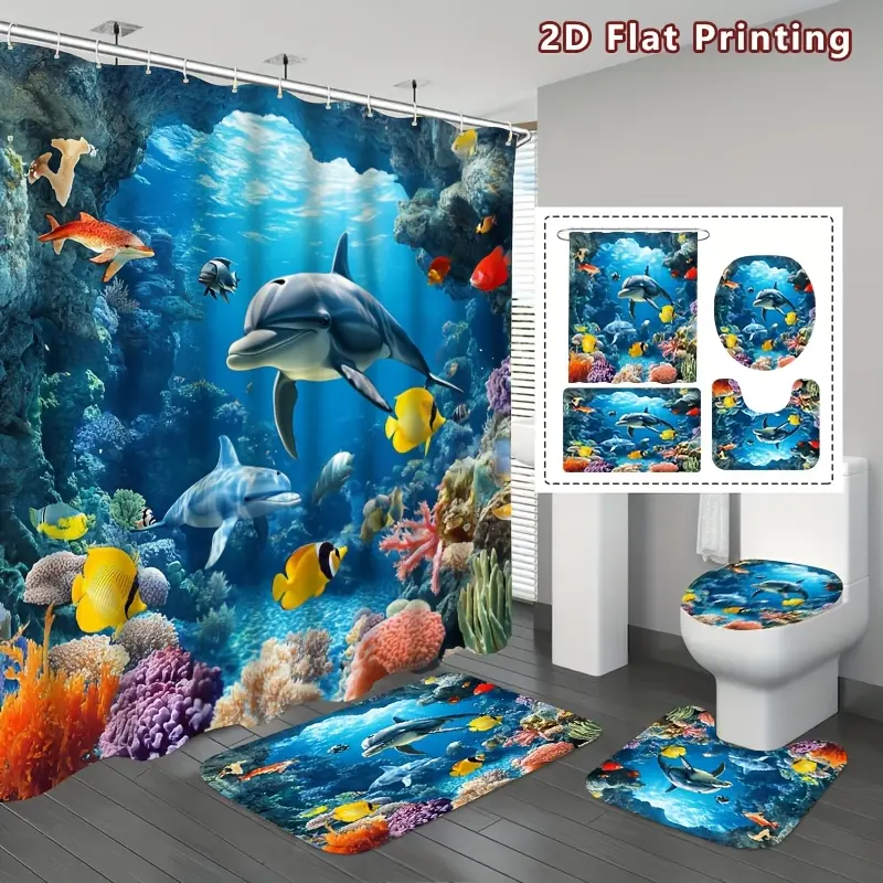 4pcs 2D Flat Tropical Dolphin Reef Shower Curtain Set, Underwater Paradise Bathroom Decor, Accessories with Bath Mat, U-shaped Mat, Toilet Lid Cover, 12 Hooks , Ocean Life, Home Decor, Bathroom Accessories.
