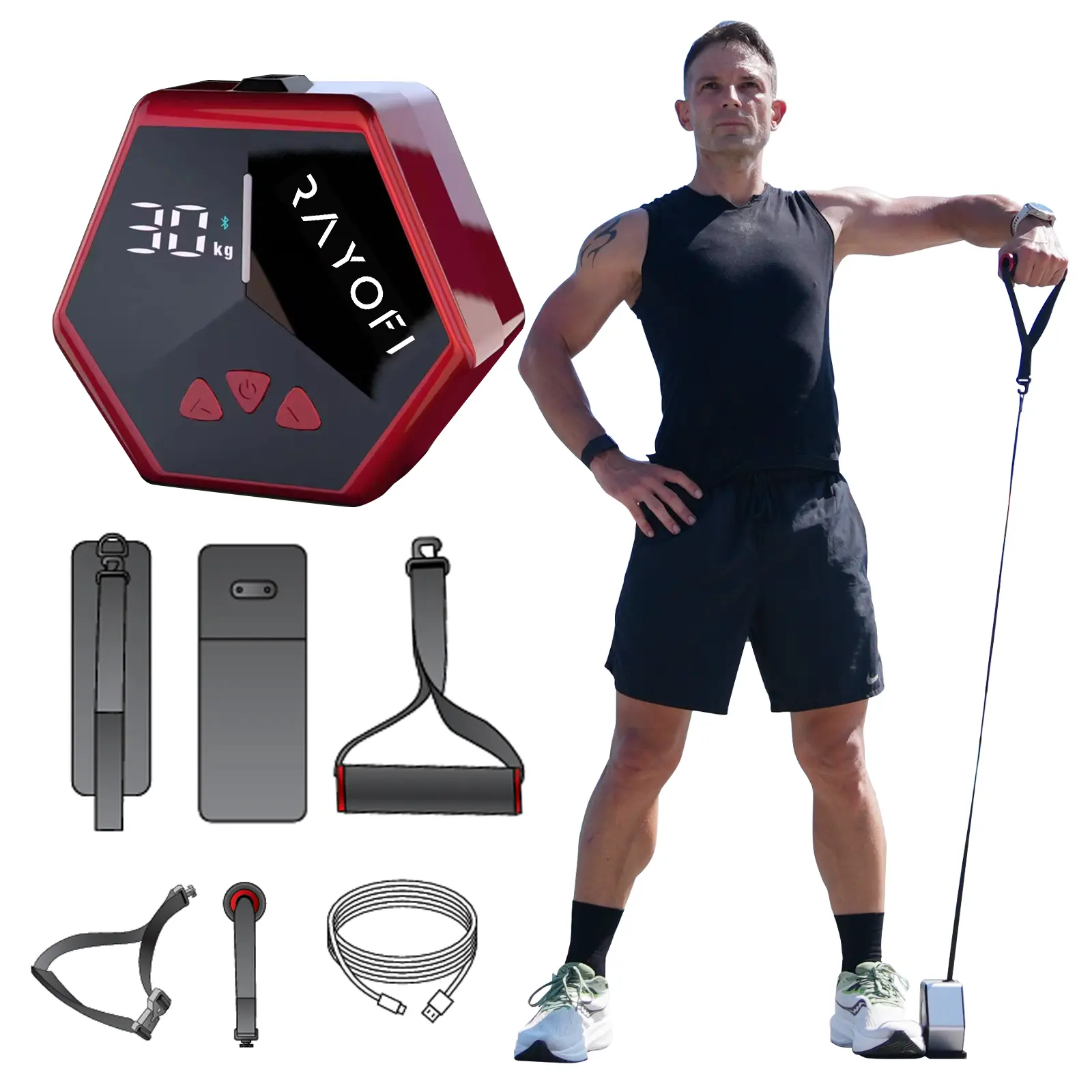 RAYOFI Gym Anywhere Fitness Tracker, All-in-One Compact, Adjustable Smart Cable Trainer 5-30Kg for Versatile Workouts, Home & Travel Workout