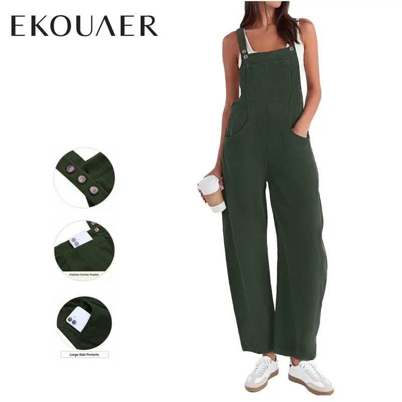 Ekouaer Lady Women's Corduroy Overalls - Loose-Fit, Wide-Leg, Sleeveless, Multi-Size, Pocketed Casual Jumpsuits for Fall, Winter Maternity Outfits