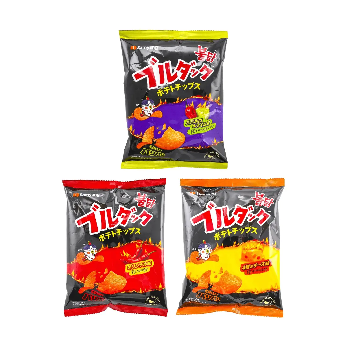Samyang Buldak Fire Chicken Potato Chips Variety Pack - Original, Cheese, and Havana Lime Chili Flavors - 55g x 3 Bags