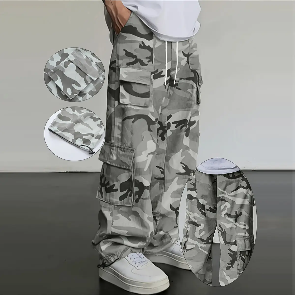 Camouflage men's work pants, regular fit, featuring reinforced stitching and functional cargo pockets, suitable for outdoor adventures and street fashion. Casual Streetwear Trousers Army Green