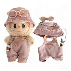 Labubu doll clothes 4 piece set, include Hat, Overalls Set,eyeglass,coffee cup for 15cm/17cm Labubu, Doll Accessories Suit, Stylish Doll Clothes,trendy streetwear doll clothes, labubu bib pant k,Labubu Pink necklace accessory