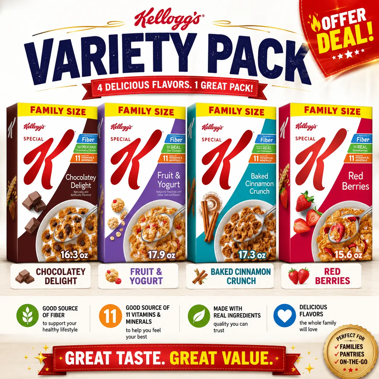 Kellogg's Special K Variety Pack Family Size Cereal Bundle Chocolatey Delight Fruit & Yogurt Red Berries Cinnamon Crunch