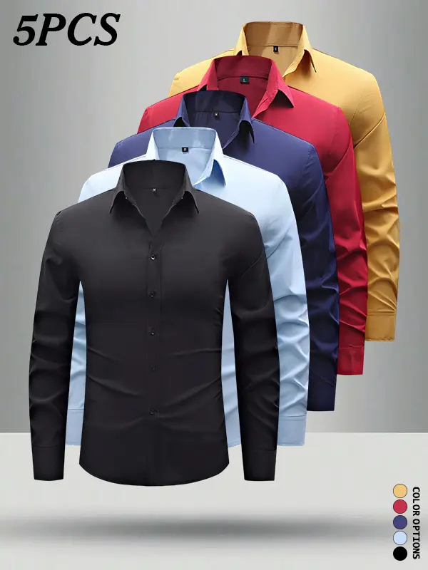 5-pack men’s long-sleeve casual shirts—each a single item. A variety of colors eliminate outfit selection dilemmas. A non-restrictive fit makes it easy for office tasks that involve raising your hands. Two ways to wear showcase a textured, layered look.