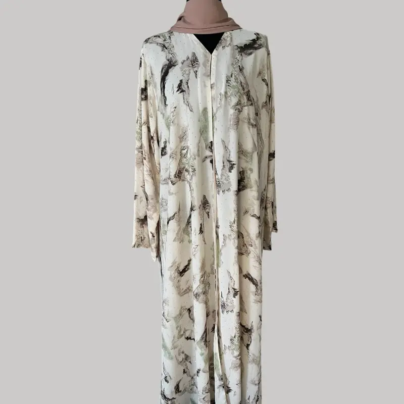 Dreamy Marble-Print Abaya in Soft Cream Sage Green & Earthy Brown Tones with Subtle Crystals for Elegant Sparkle