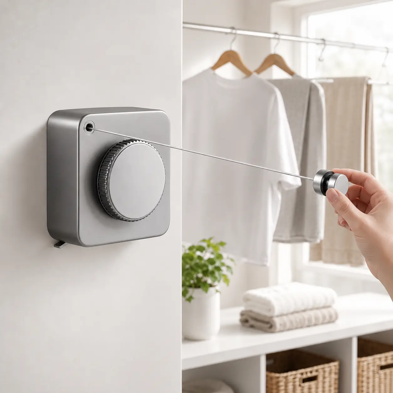 Wall-Mount Retractable Clothesline, 15.1 ft Heavy-Duty Lock Feature Drying Rope, Space-Saving Pull-Out Laundry Accessory for Bathroom, Balcony Use, Accessories, Compact Pull-Out