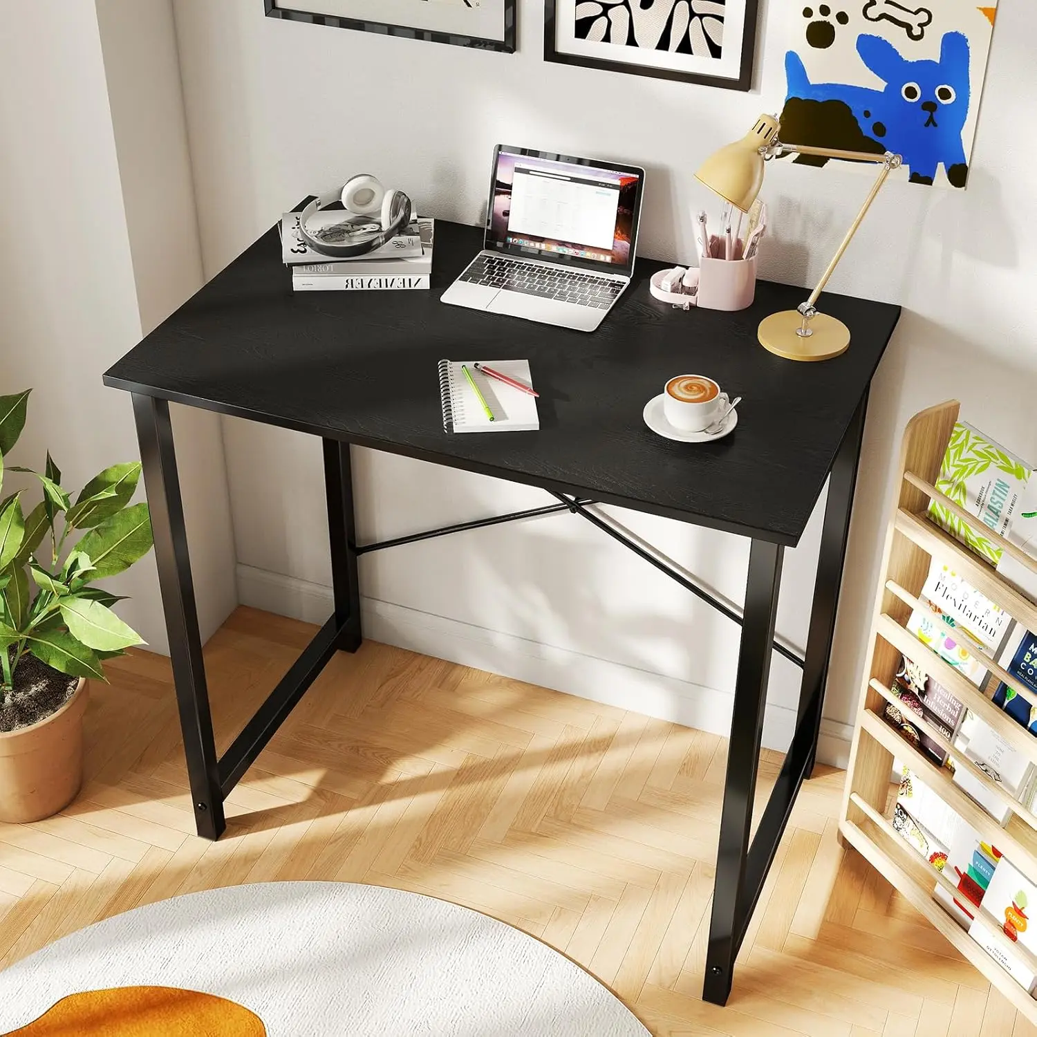 Compact 31.5 Inch Small Computer Desk, Modern Minimalist Study Writing Table, Metal Frame Wood Tabletop PC Workstation for Home Bedroom Office