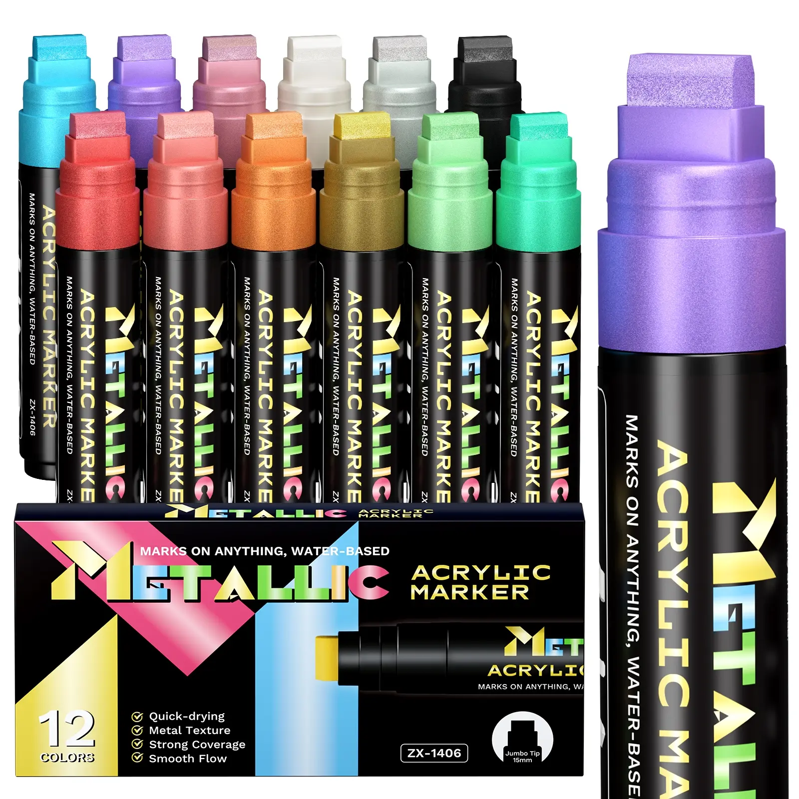 Giant Graffiti Poster Pen Set, Includes 12 Metal Colors, Large 15mm Wide Tip, Acrylic Paints, Suitable for Various Surfaces Art Creation, Acrylic Marker Pen, Art Marker Pens