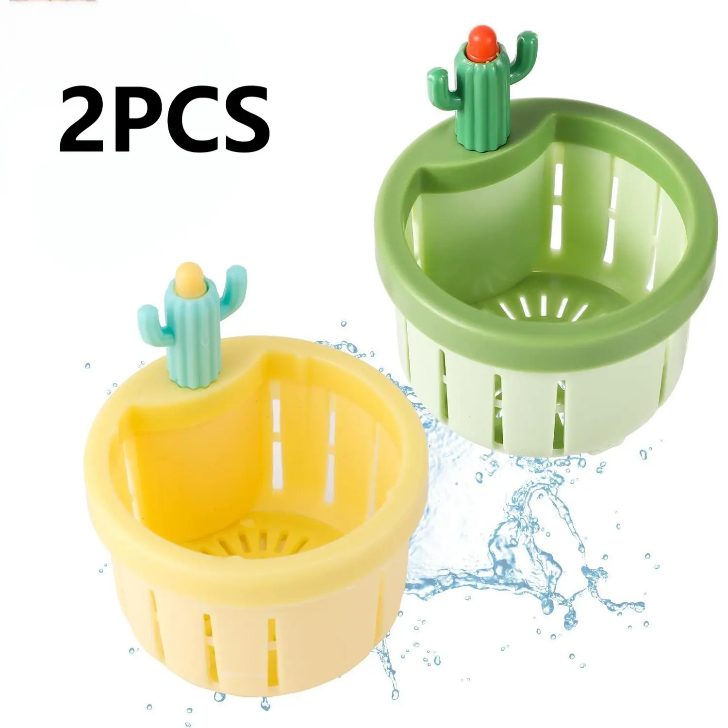 2PCS Cactus Sink Filter Basket – Versatile Kitchen Sink Strainer, Cute Press Automatic Dumping Basket for Home Use, Easy to Clean, Prevents Clogs, Durable Material, Fun Green & Yellow Design, Essential Kitchen Gadget for Daily Dishwashing