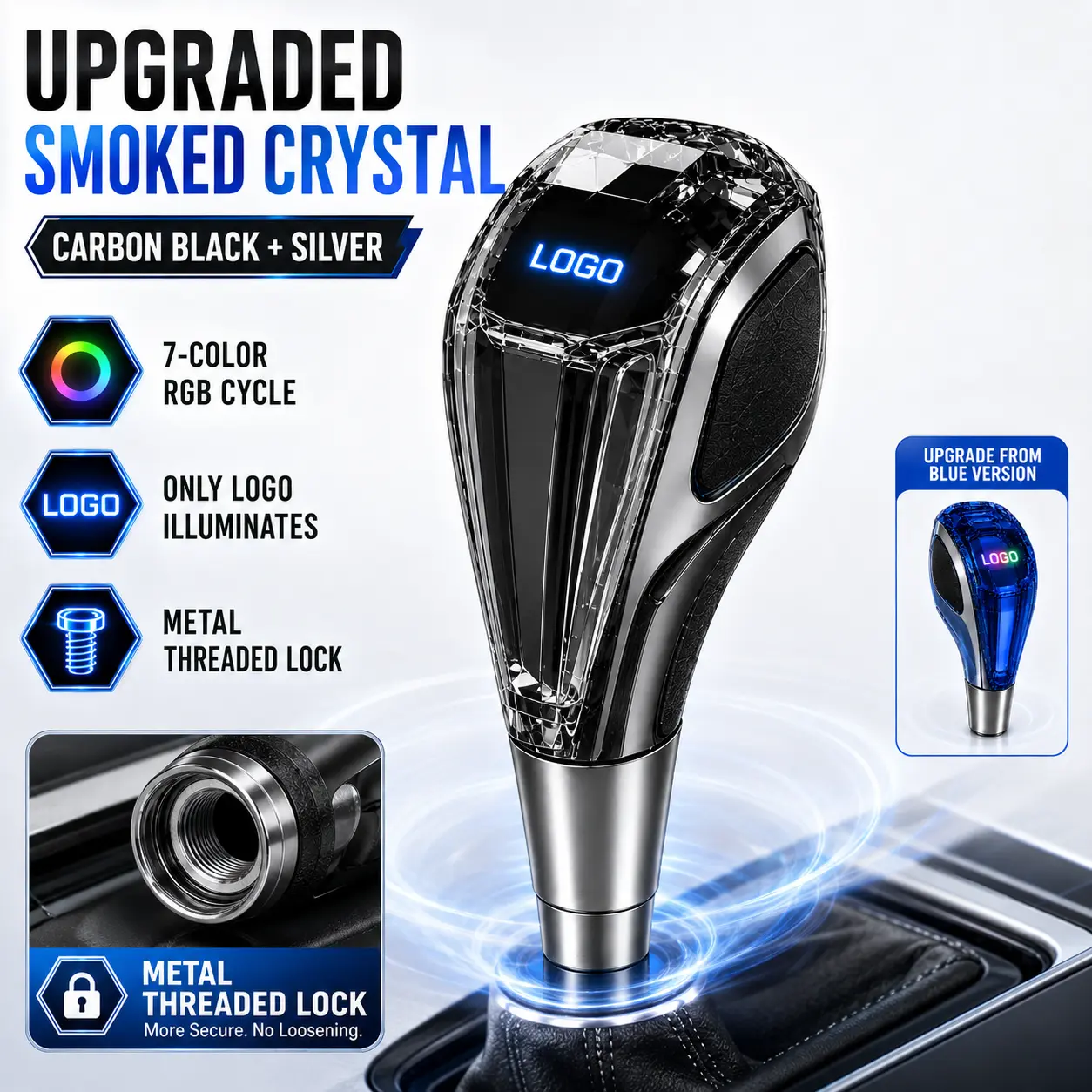 DYUHOP Pro LED Crystal Automatic Shift Knob - Smoked Crystal Carbon Black Silver Auto Parts Accessory, 7-Color RGB Rechargeable Car Accessory, Blue Version Upgrade, Father's Day Gift for Car Use, Car Accessories