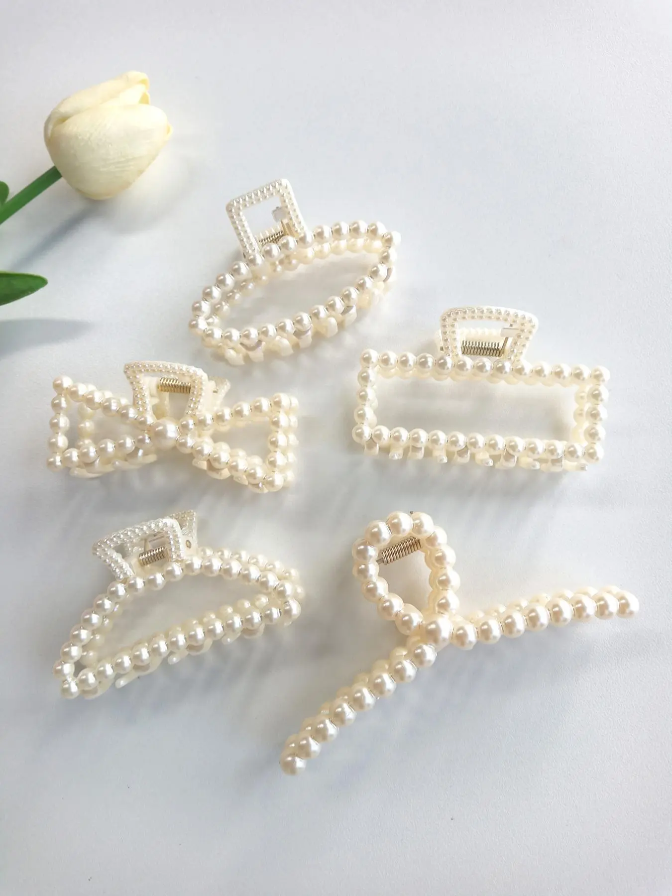 Elegant Modern Style Geometric Faux Pearl Decor Hair Claws, Gorgeous Faux Pearl Hair Claws Set, Fashion Kawaii Hair Accessories for Women, Hair Clip