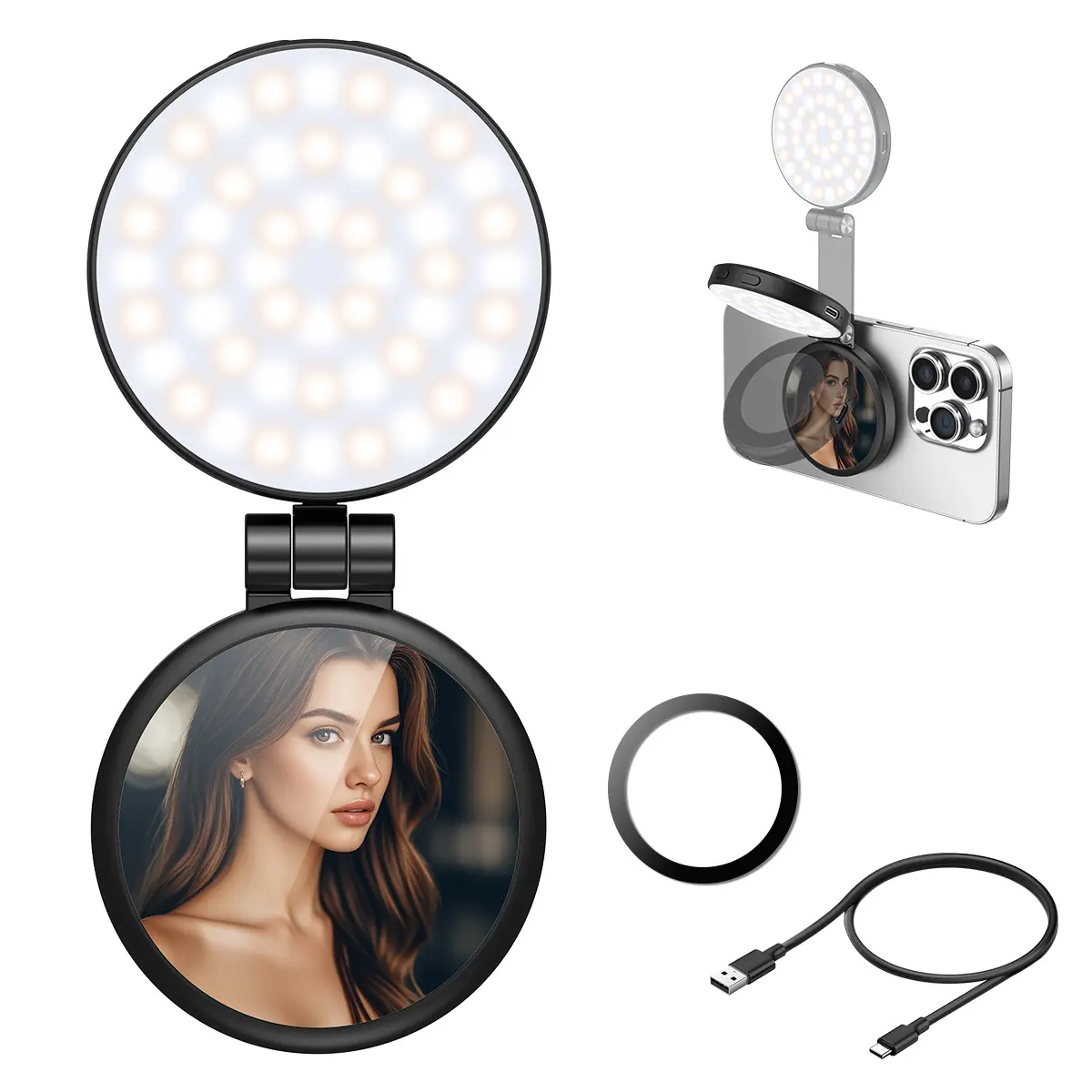 MagSafe Magnetic Selfie LED Fill Light - Rechargeable with Mirror, Mobile Phone Accessory for MagSafe iPhones, Smartphone/Cellphone Vlog Photography Recording