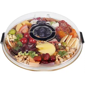 Round Charcuterie Board with Clear Lid Dustproof Portable Cheese Board Charcuterie Boxes Meat Fruit Serving Tray Platter 13.5x13.5-inch for Picnics Parties Housewarmings Gifts for Women - Containers