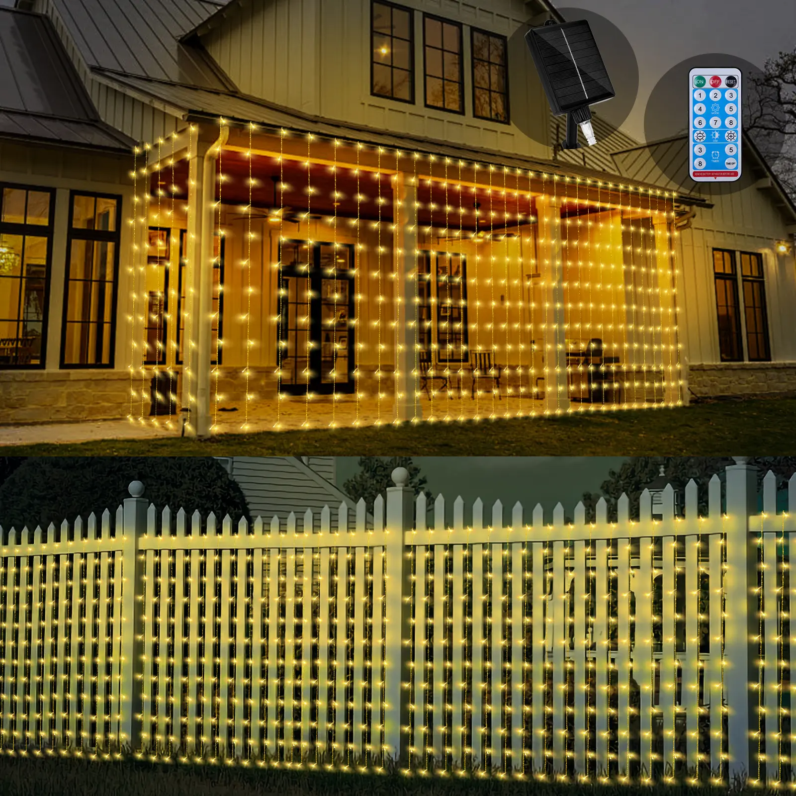Liveasily Large Size Waterproof Solar Curtain Lights Garden Solar Remote-Controlled Lights Outdoor Solar String Lights for Gazebo, Eaves, Fence, Porch