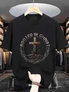 Rooted in Christ Christian Cross T-Shirt - Unisex  Streetwear Casual Tee with Golden Cross & Rooted in Christ Design Soft Breathable Lightweight Fabric Machine Washable Regular Fit Round Neck for Men & Women All-Season Comfort Vintage Style