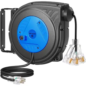 30 FT Retractable Extension Cord Reel, 16 Gauge Power Cord with 3 Lighted Outlets, 10A Circuit Breaker, Wall/Ceiling Mount for Garage, Workshop, ETL Listed, Blue