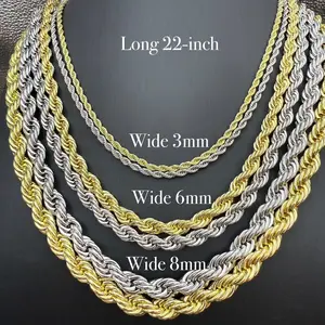 Pyrexta 22-inch Rope Chain Necklace 3/6/8mm Stainless Steel Gold Silver Color 14K Plated Punk Party Jewelry Gifts for Men Women