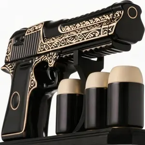 MERCURY CERAMIC Gun Shaped Whiskey Decanter Set 18 Oz with 3 Bullet Shot Glasses and Wooden Stand – Handmade Tequila Bottle, Liquor Dispenser for Home Bar Decor – Unique Elegant Birthday Gift for Dad Men Boyfriend Husband - Regalos para Papa Hombre Amigo