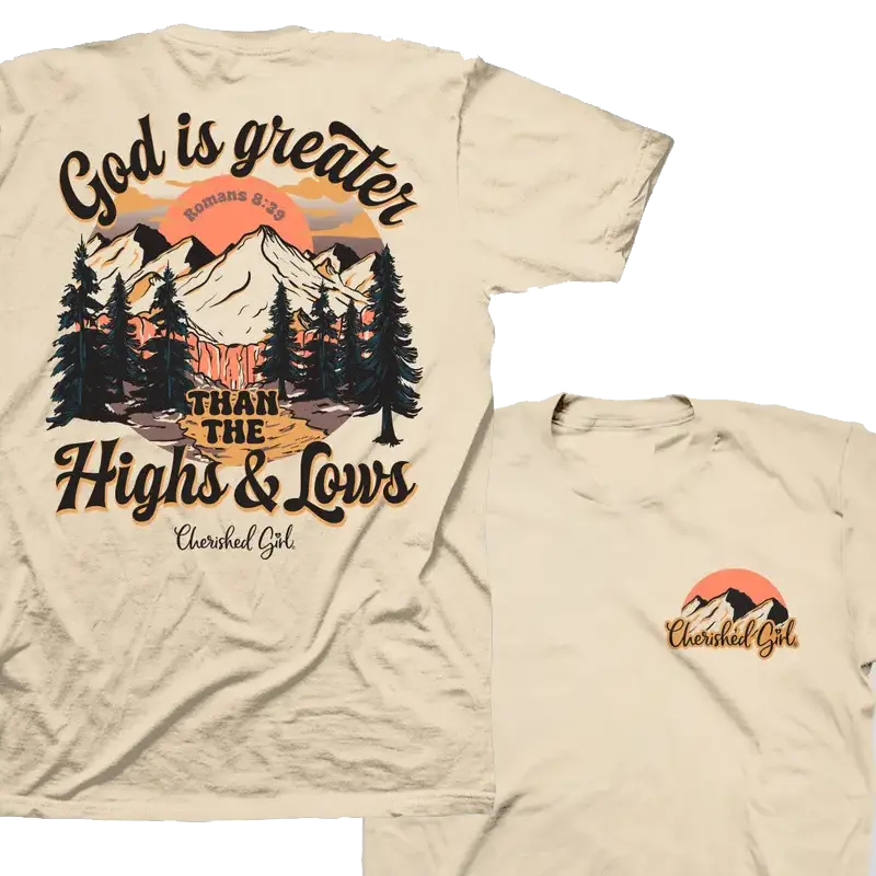 CHERISHED GIRL T-Shirt – Christian Faith Tee Featuring Front Chest Logo & God Is Greater Than The Highs & Lows Mountain Back Graphic, Retro Romans 8:39 Bible Verse Design Novelty Gift for Religious Women, Menswear Medium Men's