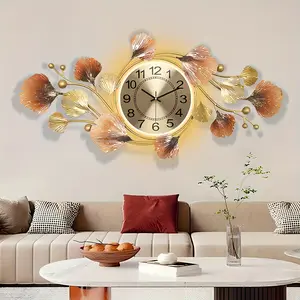 31Inch Large Metal Wall Clocks with Led Light, 3D Retro Metal Ginkgo Leaf Design, Silent Creative Decorative Clock, Modern Stylish Decorative Metal Wall Clock for Living Room/Bedroom/Office/Bathroom