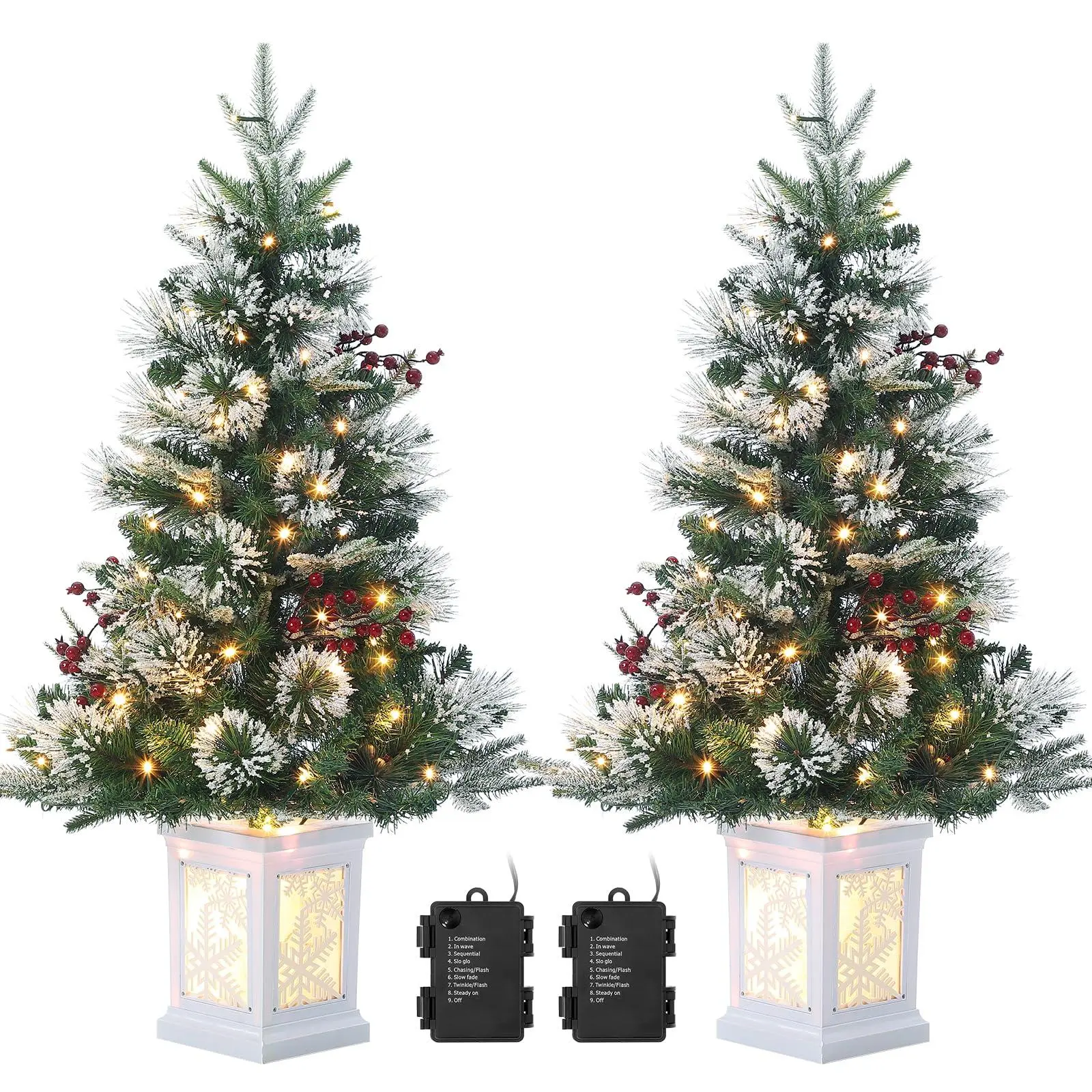 Set of 2 Pre-lit Artificial Mini Christmas Tree, 3 ft Tabletop Christmas Trees with 78 LED Lights and Snowflake Lighting Base, Battery Operated & Timer Function
