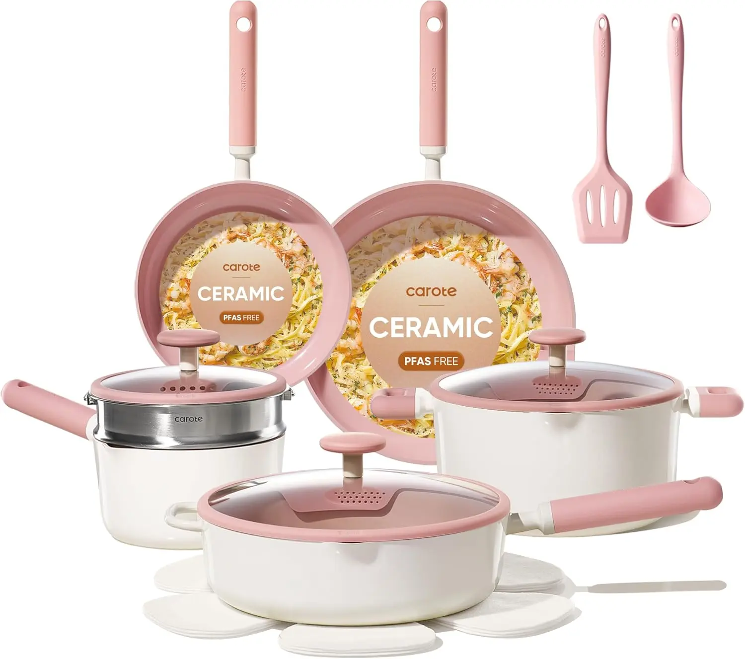 15pcs Pots and Pans Set Non stick, Ceramic Cookware Set Nonstick, Non Toxic Cookware,Dishwasher,RV/Camping Cookware Set, Pan and Pot with Kitchen Utensils, Pink