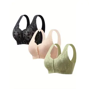 3-Pack Front Button Closure Bra, Suitable for Elderly Women, Convenient Lace Wireless Seamless Comfortable Post-Surgery Bra Elegant Pastel