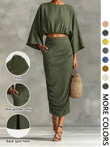 Women's Stylish Loose-Fitting Casual Everyday Two-Piece Set, Spring & Fall Comfortable Long Skirt with Waist Definition and Pocket one pocket