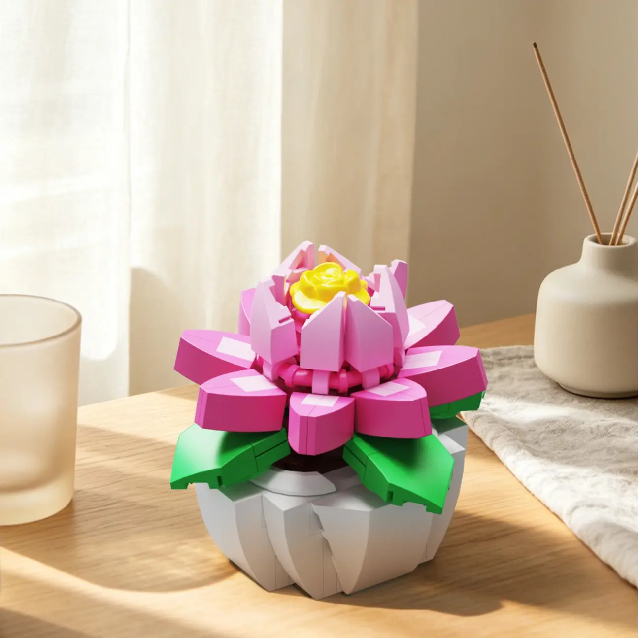 Pink Rose Decorative Building Block Artificial Plants Set - Ages 6+ DIY Fun Mini Assembled Toy, Pink Rose Mini Art, Home Office Desk Decor Gift for Kids & Adults (Birthday, Christmas)