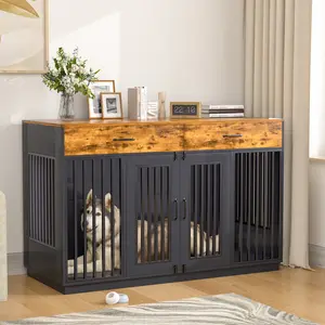 Dog Crate with 2 Drawers 55 Inch Dog Crates Double Doors Metal Kennel Wooden Pet House Storage Cabinet Furniture, Indoor Dog Cage Farmhouse Modern Side Table for Medium Large Dog