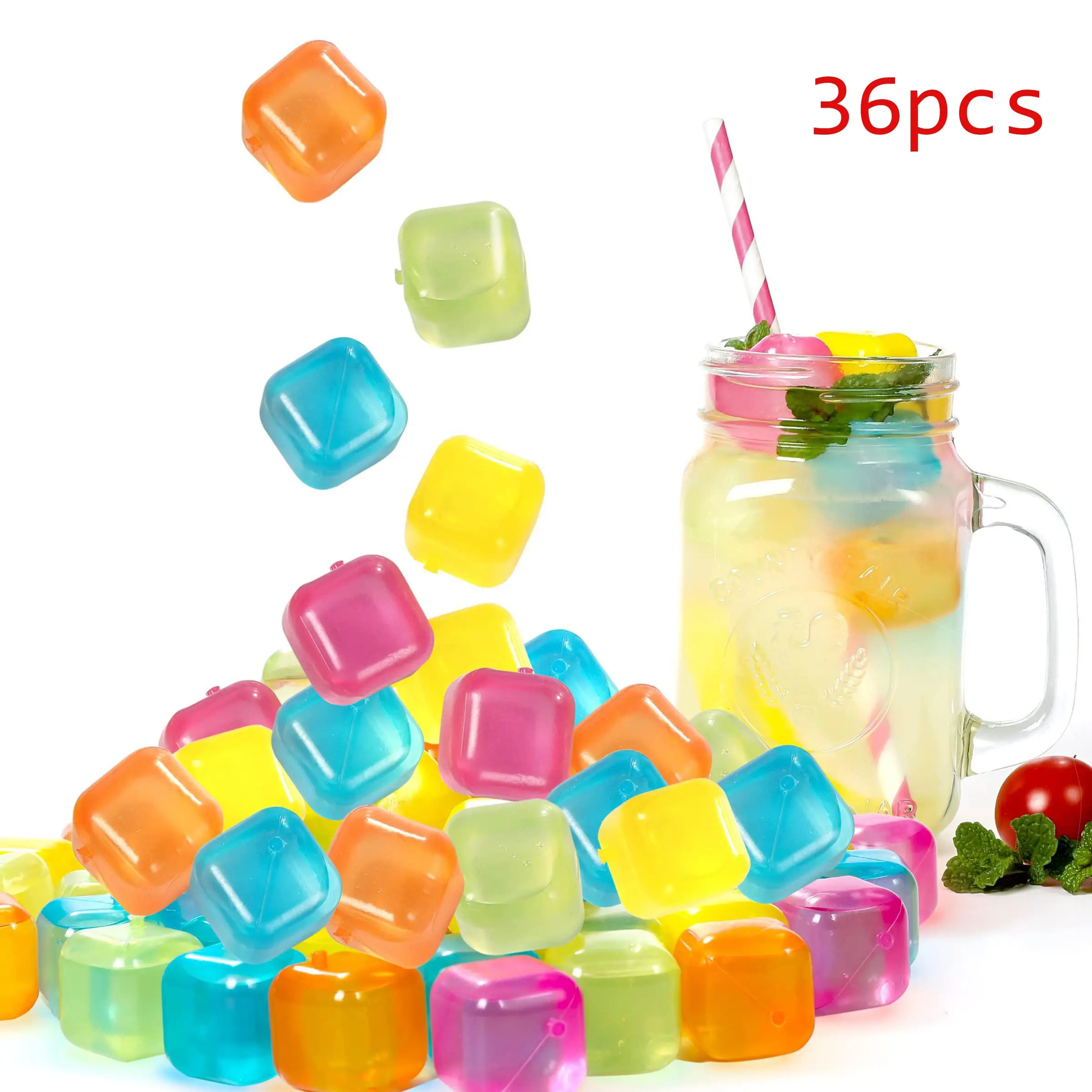 Reusable Plastic Ice Cubes 36 Pack, Colorful Refreezable Ice Cubes for Drinks, Whiskey, Vodka, Coffee, Washable Non-Melting, Non-Diluting, Ice Molds, Fake Ice Cubes, Drink Accessories