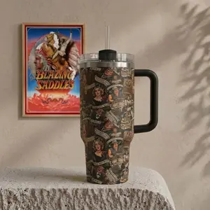 Blazee Saddlesss Vintage Movie 40oz Tumbler With Handle, Mongo Like Candy Sheriff of Rock Ridge Stainless Steel Travel Mug, Hot Cold Drink Cup, Gift For Fans Water Bottles Cup