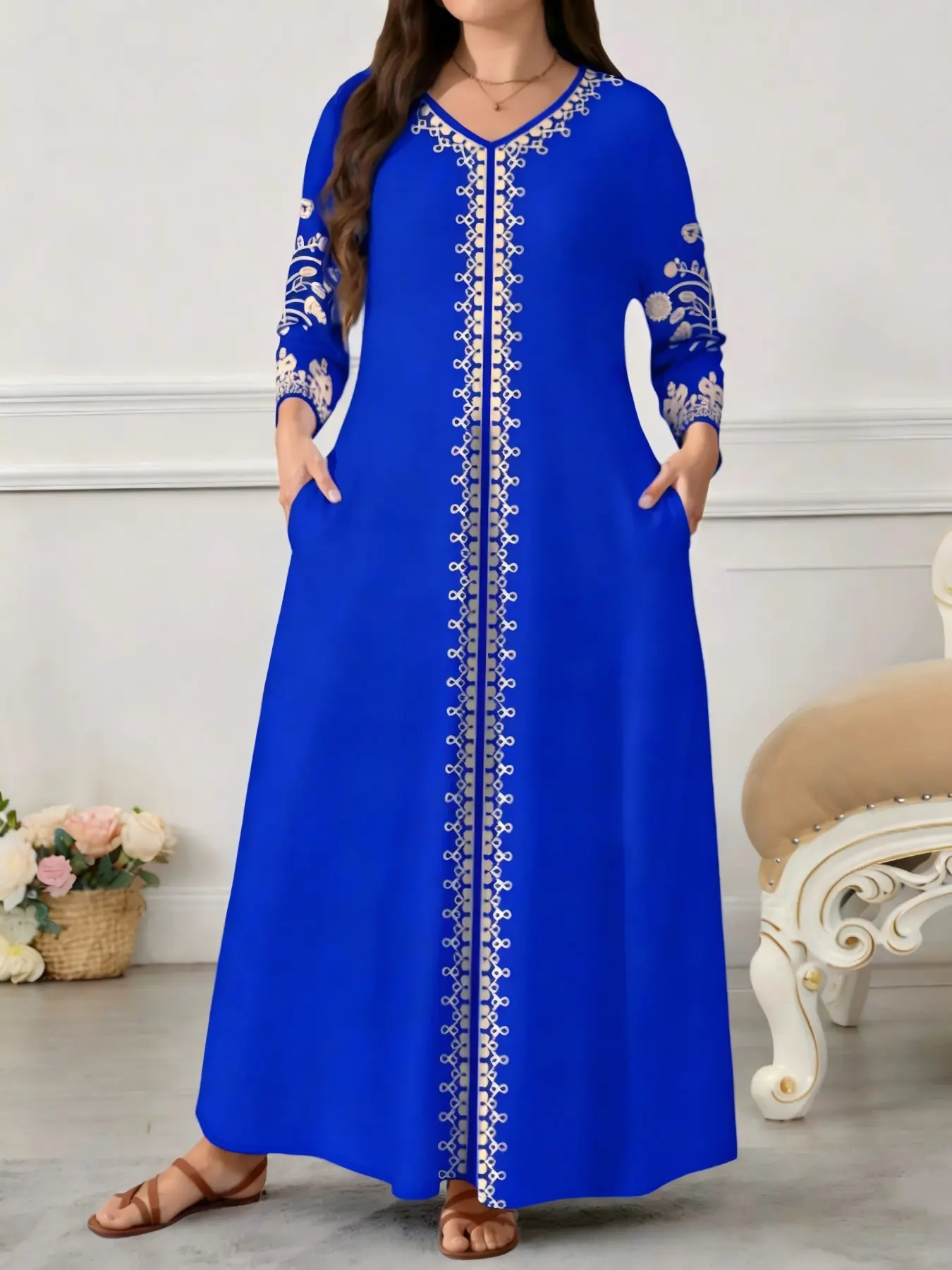 Elegant Plus Size Women's V-Neck Long Sleeve Dress Womenswear with Pockets, Fashionable Casual Ethnic Print A-Line Skirt for Daily Wear