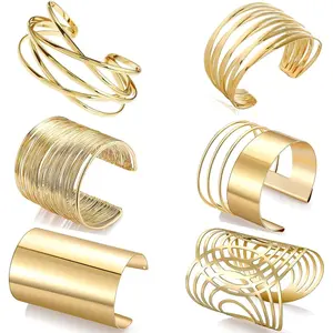 Female 6-Piece Cuff Bangle Bracelet Set - Gold Open Wide Wire Design, Adjustable Length, High-Quality Copper Elegant Fashion Jewelry
