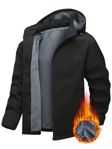 Casual Fleece-Lined Men's Hooded Windproof Waterproof Thermal Lined Warm Sports Stitching Side Zipper Jacket Coat for Extreme Cold Protection Menswear Outdoor Tops Black fleece jacket heated jacket winter outfit