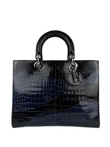 Pre-owned Dior Croc Shoulder Bags Christian Rare Black/Navy Embossed Lady Handbag