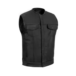 DANIEL SMART Vestra Men's Motorcycle Leather Vest - Diamond Soft Milled Cowhide 1.2-1.3mm, Collarless, Flap Pockets, Glasses Holder, Side Zippers, Conceal Carry Pockets
