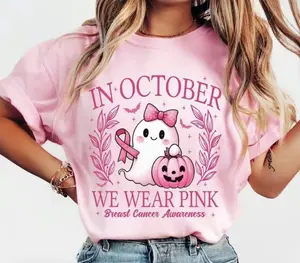 In October We Wear Pink Shirt, Retro Breast Cancer Awareness Shirt, Halloween Pink Ghost Sweatshirt, Breast Cancer Halloween Unisex