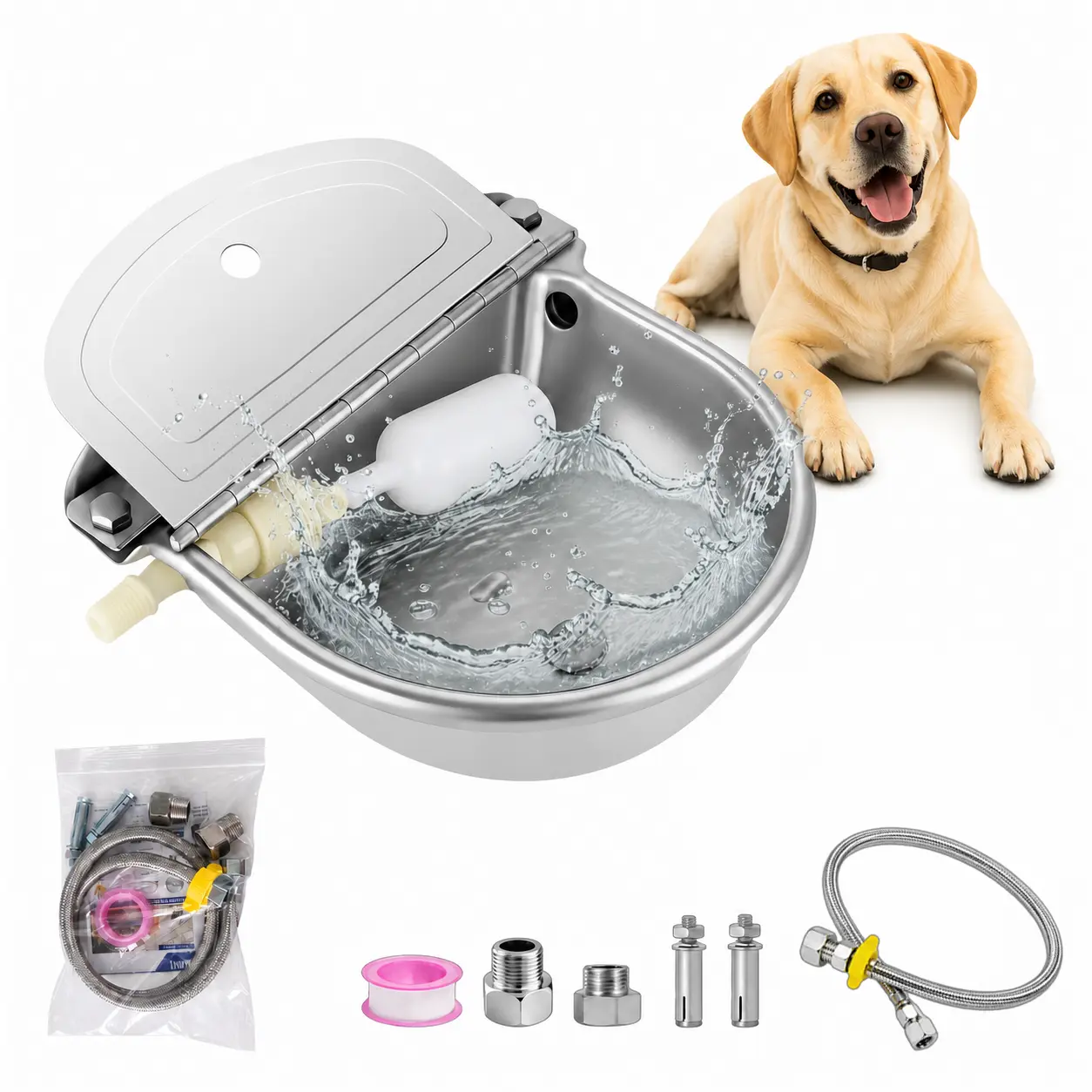 Automatic Animal Drinking Water Bowl for Dog Stainless Steel Waterer Feeder Farm Dog Dispenser Kit Self Filling for Livestock Horse Goat Water Trough with Float Valve Drain Hole Hose Adapter Bolts