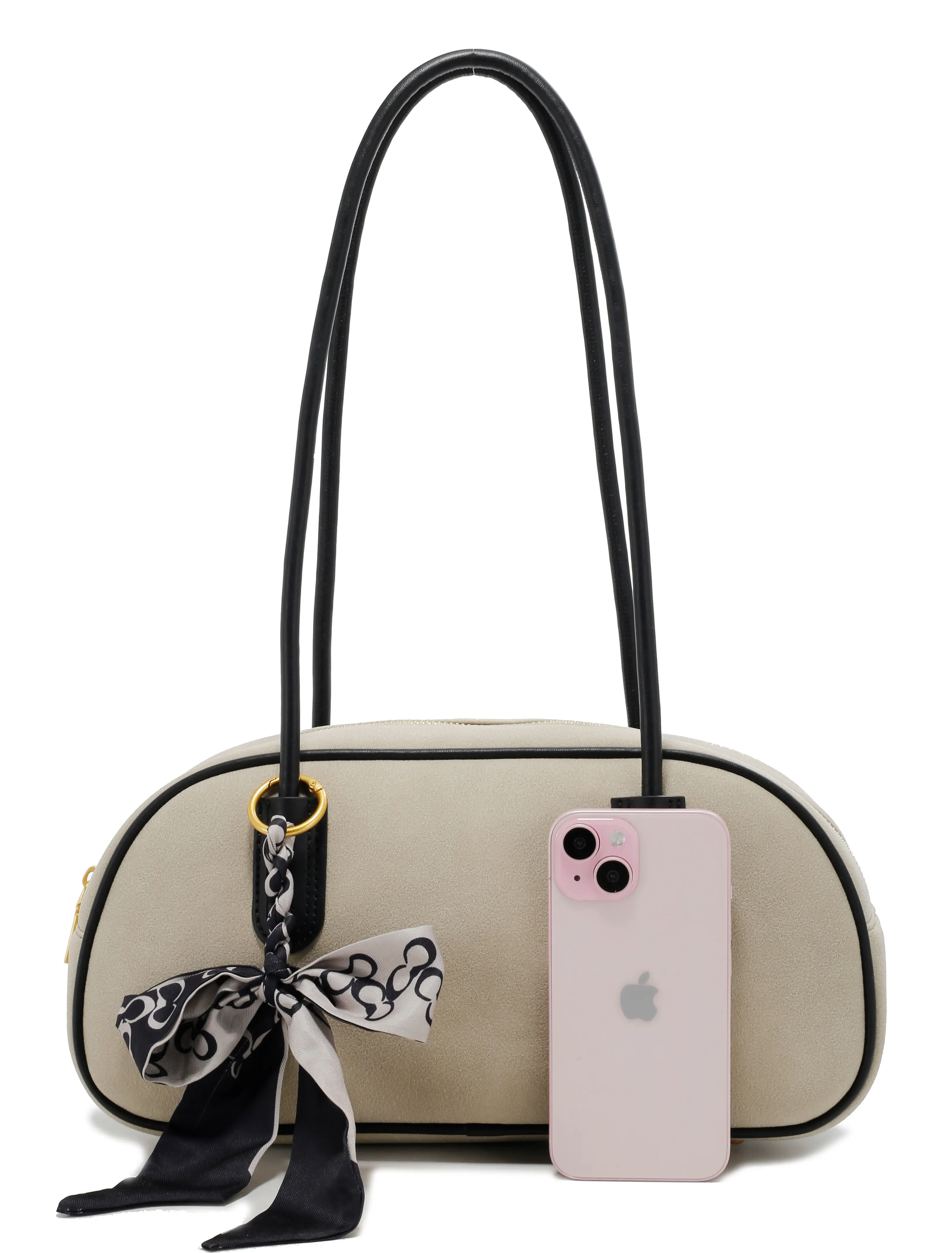 LA TERRE Bowler Bag with Scarf Accent - Women's Suede Top Handle Bag N2601