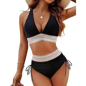 Two-piece Set Women's Patchwork Print Neon Bikini Set, Casual Fashion Chic Swimsuit Set for Beach Holiday Vacation, Ladies Swimwear for All Seasons