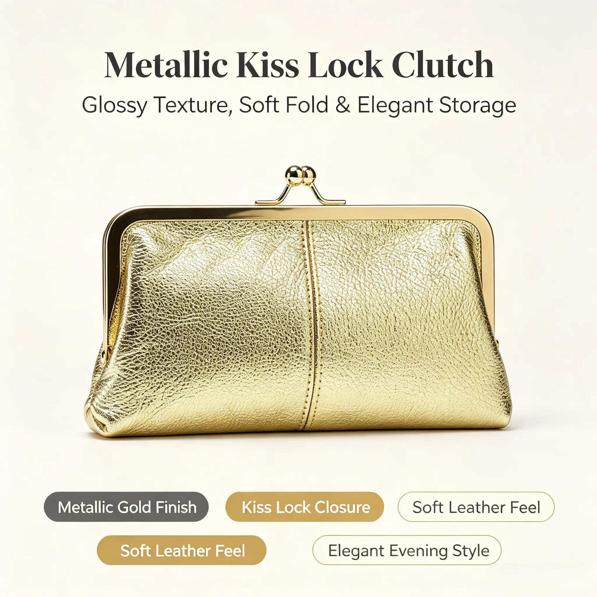 Women's Retro Pebbled Leather Kiss Lock Clutch Purse - Funky Glamorous Metal Frame Secure Phone Holder & Card Wallet, Compact Evening/Daily Accessory, Ideal Gift for Her on Birthdays, Chic, Kisslock Purses, Wallets, Secure Hold, Top-Grain, Chic Evening, C