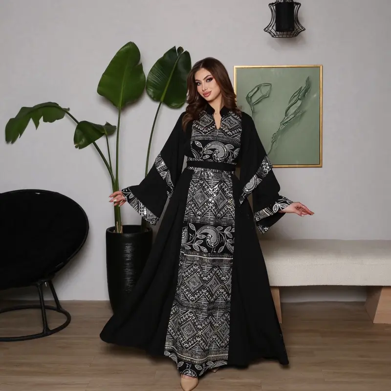 Crepe Elegant Kuwait Daraa Abaya dress with indian Embroidery and double layered sleeves