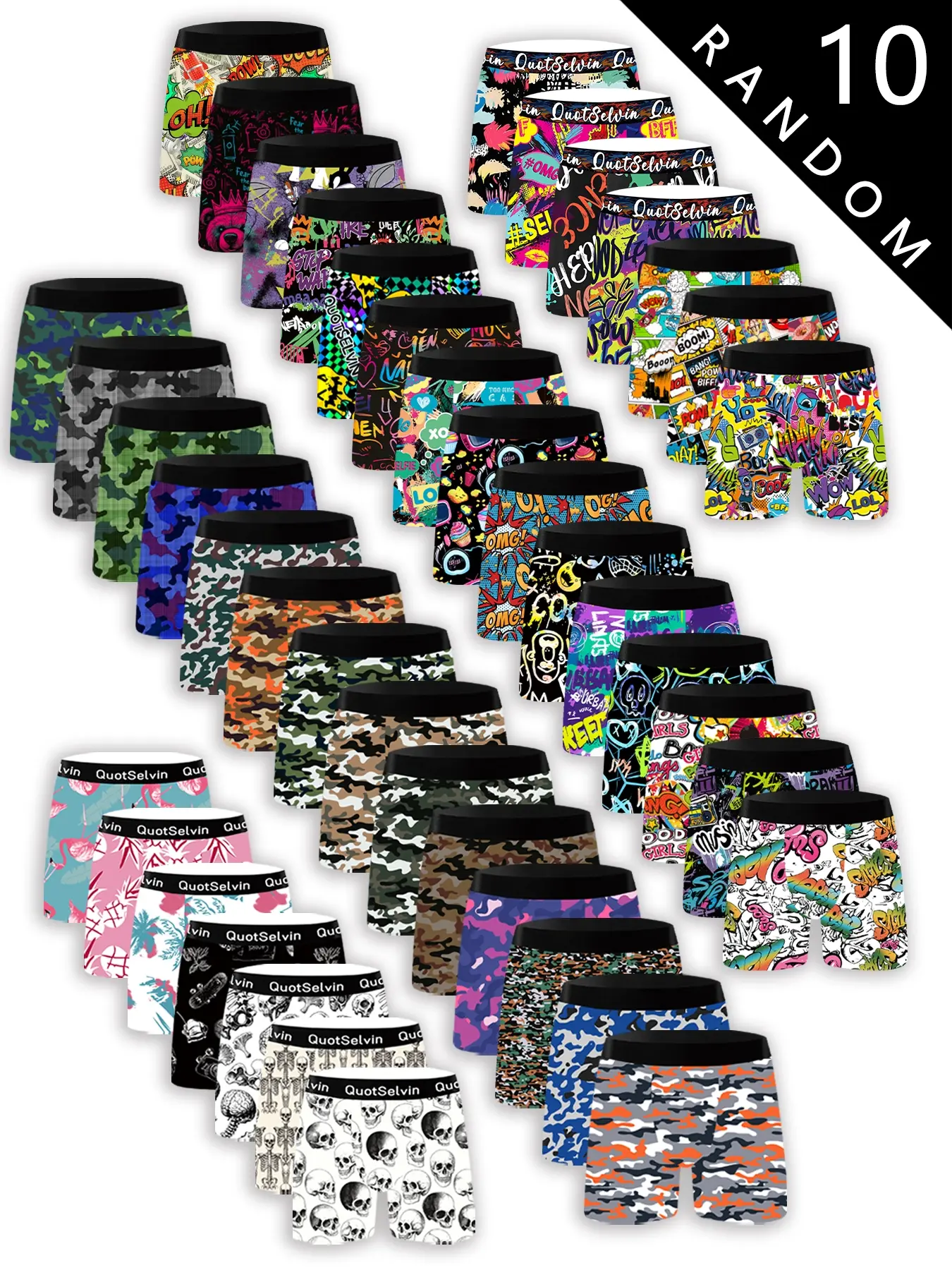 10 - pack random men's milk silk boxers, mid - waist, stylish and trendy, mixed patterns, durable set, elastic fabric, comfortable fit, suitable for all seasons, Stretchy Polyester Boxer Briefs, All Season Underwear