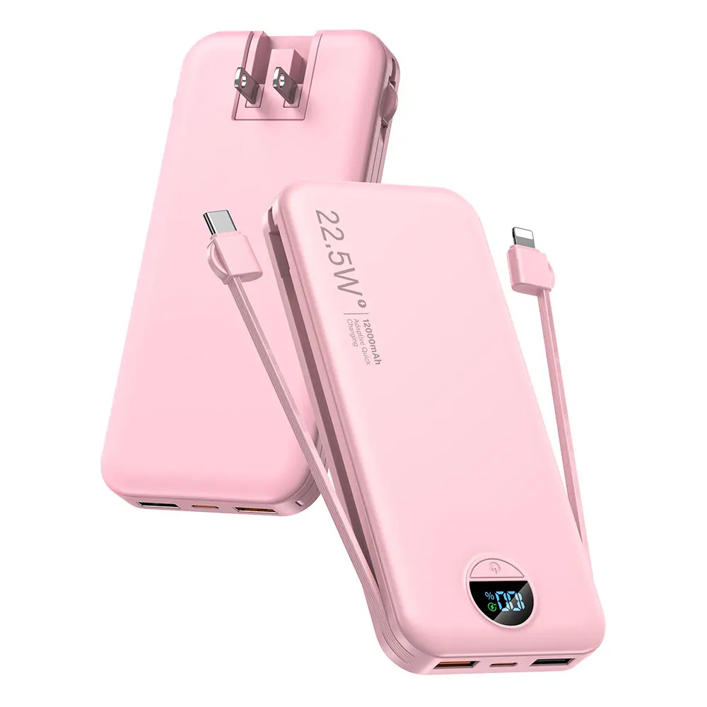 Diamuar Ultra-Thin 12,000mAh Power Bank with Built-in AC Plug & Cable, USB-C PD20W Fast Charging, LED Digital Display, Portable Charger for iPhone Androi fathersdaygift backtoschool Usb Dual Power Usb Battery Adapter